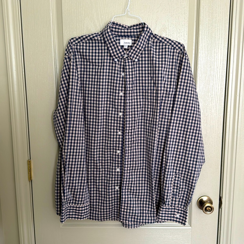 Sonoma Navy Tan Check Shirt - button down, sport, beige, gingham, checkered